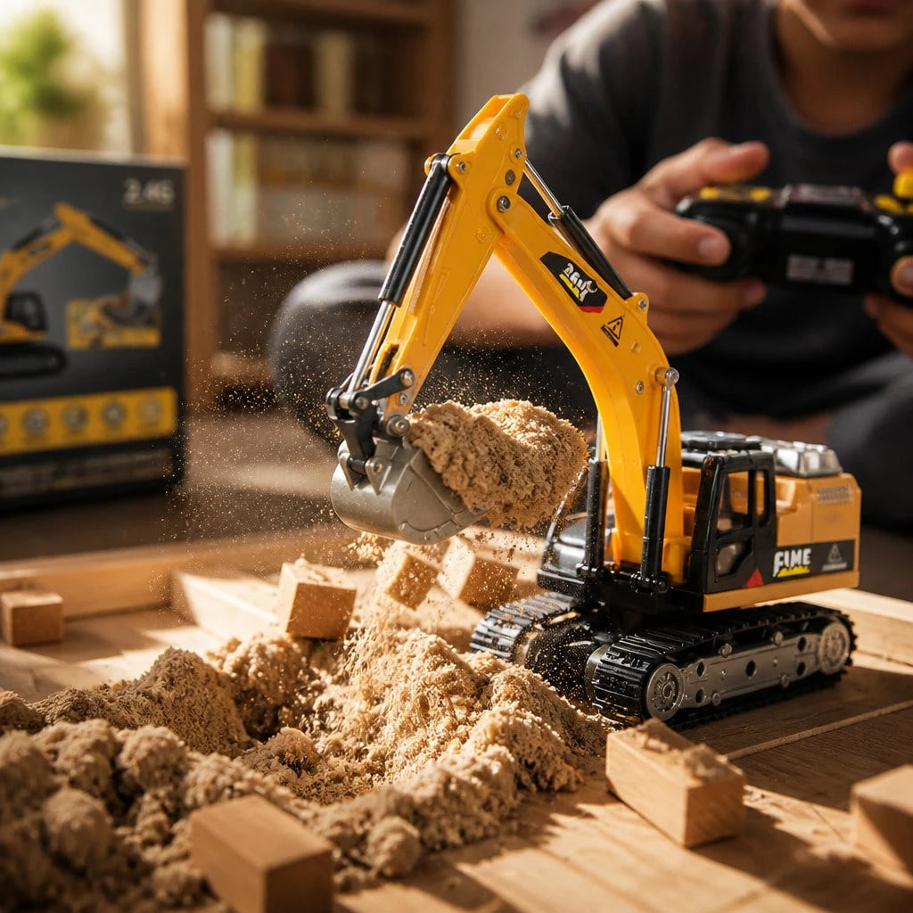 1:64 RC Excavator Toy- 2.4G Mini Alloy Construction Vehicle With Movable Arm, 270° Rotating Body, Alloy Bucket, Lights & Sounds| Yellow Remote Control Toy Car, Birthday Party Favors For Boys & Girls