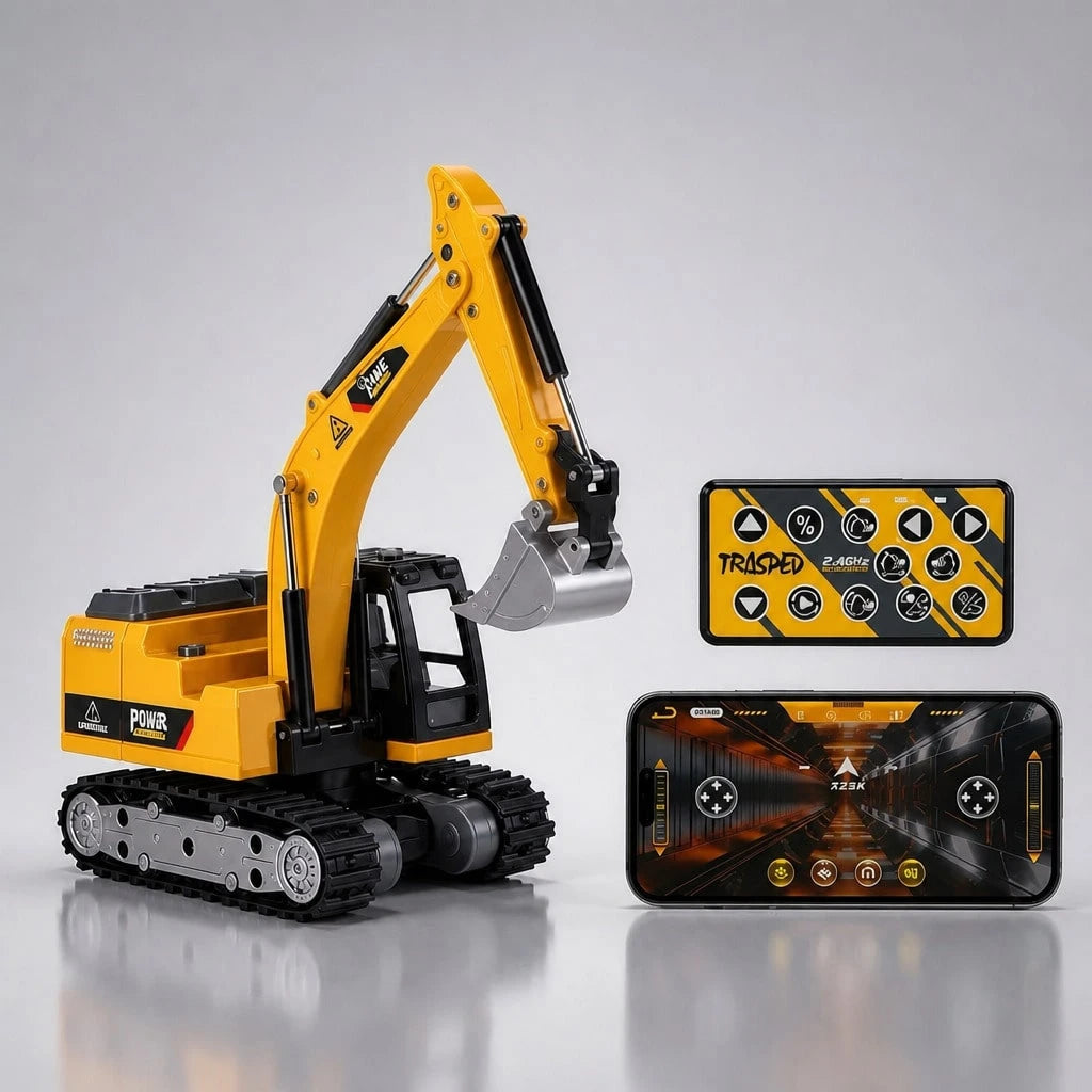 1:64 RC Excavator Toy- 2.4G Mini Alloy Construction Vehicle With Movable Arm, 270° Rotating Body, Alloy Bucket, Lights & Sounds| Yellow Remote Control Toy Car, Birthday Party Favors For Boys & Girls
