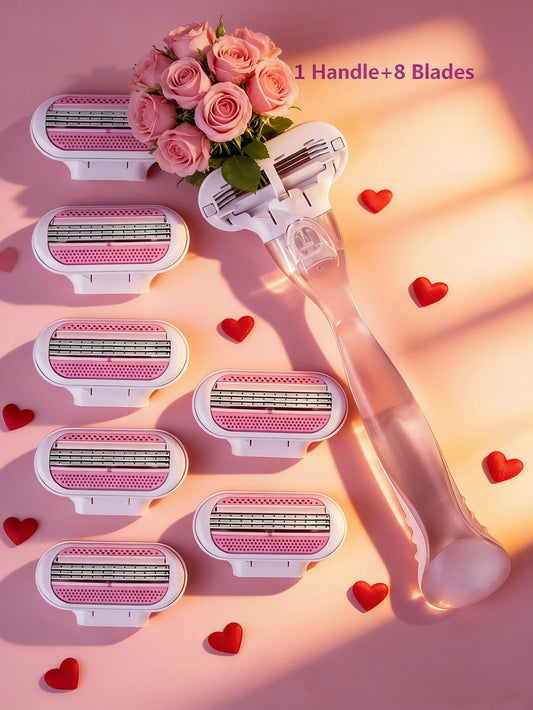 1 Handle + 8 Blades/Women's Bikini Manual Shaver, Stainless Steel 3-Layer Replaceable Blades, Pink Shaver Head, Salon, Beauty, Travel Essential Hair Care Product & Accessories, Valentine's Day Gift