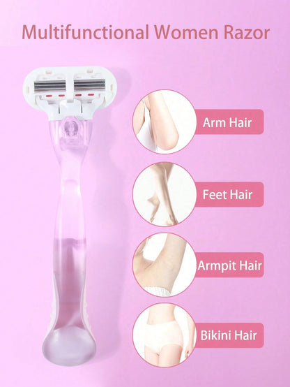 1 Handle + 8 Blades/Women's Bikini Manual Shaver, Stainless Steel 3-Layer Replaceable Blades, Pink Shaver Head, Salon, Beauty, Travel Essential Hair Care Product & Accessories, Valentine's Day Gift