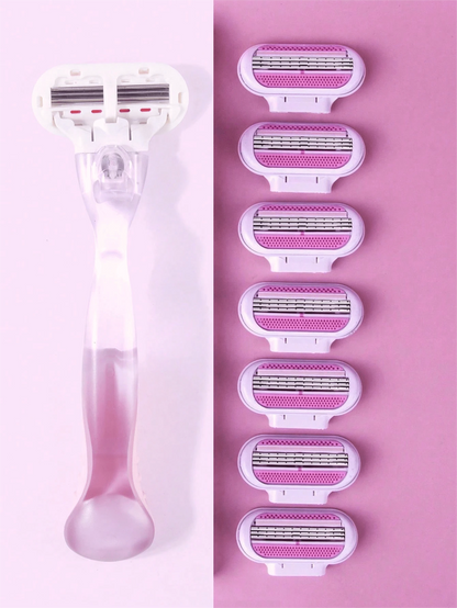1 Handle + 8 Blades/Women's Bikini Manual Shaver, Stainless Steel 3-Layer Replaceable Blades, Pink Shaver Head, Salon, Beauty, Travel Essential Hair Care Product & Accessories, Valentine's Day Gift