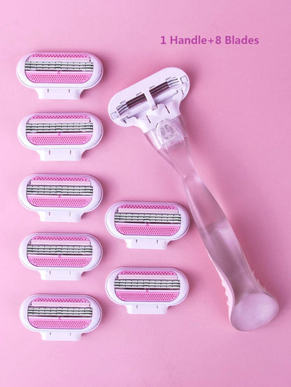 1 Handle + 8 Blades/Women's Bikini Manual Shaver, Stainless Steel 3-Layer Replaceable Blades, Pink Shaver Head, Salon, Beauty, Travel Essential Hair Care Product & Accessories, Valentine's Day Gift