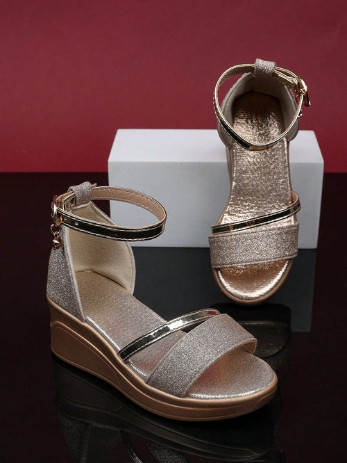 1 Pair Girls' Gold High Heel Sandals, Shiny & Soft PU Fabric, Back Strap Metal Buckle Design, Round Toe, Lightweight & Flexible Thick-Sole, Fashion Princess Style, Suitable For Daily Occasions & Parti