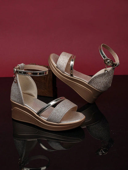 1 Pair Girls' Gold High Heel Sandals, Shiny & Soft PU Fabric, Back Strap Metal Buckle Design, Round Toe, Lightweight & Flexible Thick-Sole, Fashion Princess Style, Suitable For Daily Occasions & Parti