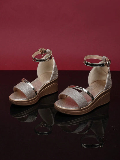 1 Pair Girls' Gold High Heel Sandals, Shiny & Soft PU Fabric, Back Strap Metal Buckle Design, Round Toe, Lightweight & Flexible Thick-Sole, Fashion Princess Style, Suitable For Daily Occasions & Parti