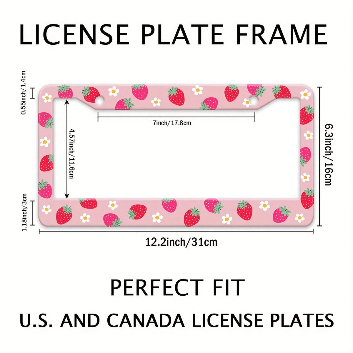 1 Piece Strawberry Floral Aluminum License Plate Frame, Rust-Proof, Universal Car Accessory Suitable For The USA, Canada, And Mexico, Comes With Installation Accessories, Cute Car Decoration License P