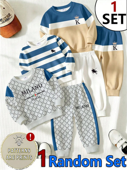 1 Random Set,Baby Boy Fall Brown White Striped Bear Print Sweaters Set Long Sleeve Loose Casual Letter Detail Ribbed Cuffs Tops Shirts Outfits