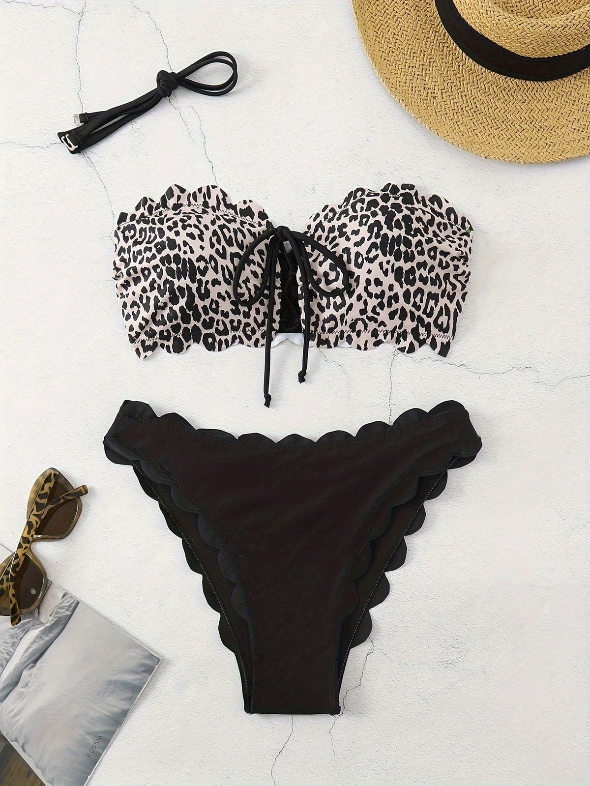 1 Set Women's Leopard Print Bikini Swimwear, 2 Pieces With Halter Top & Removable Strap, Floral Trim Sexy & Fashionable Vacation Beach Summer Brown