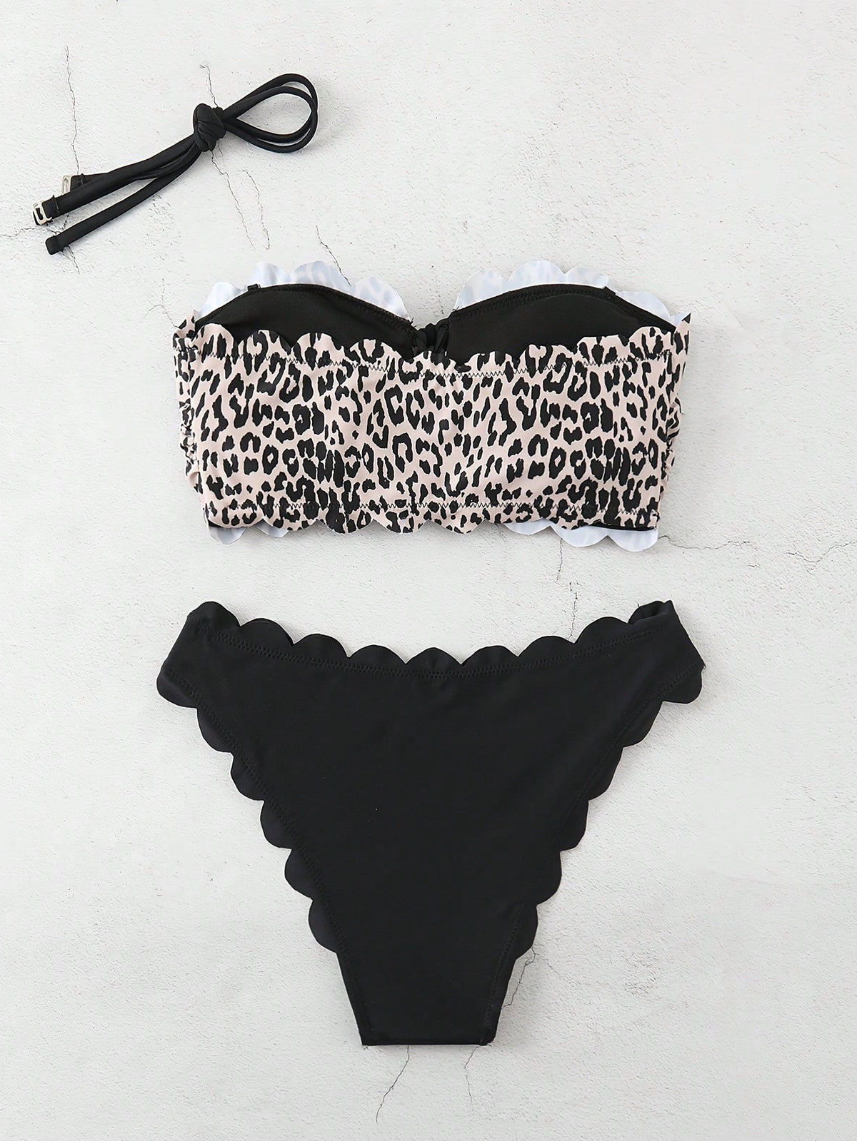 1 Set Women's Leopard Print Bikini Swimwear, 2 Pieces With Halter Top & Removable Strap, Floral Trim Sexy & Fashionable Vacation Beach Summer Brown