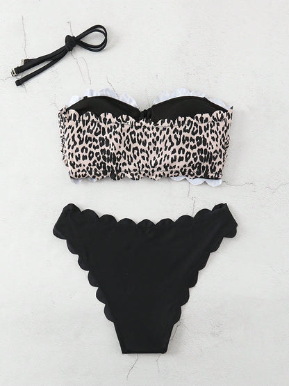 1 Set Women's Leopard Print Bikini Swimwear, 2 Pieces With Halter Top & Removable Strap, Floral Trim Sexy & Fashionable Vacation Beach Summer Brown