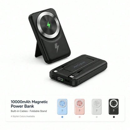 10000mAh Portable Magnetic Wireless Battery Charger, Foldable Stand Built-In Dual Cables 22.5W Fast Charging LED Digital Display, Travel Essentials Camping Gear School Essentials Back To School Suppli