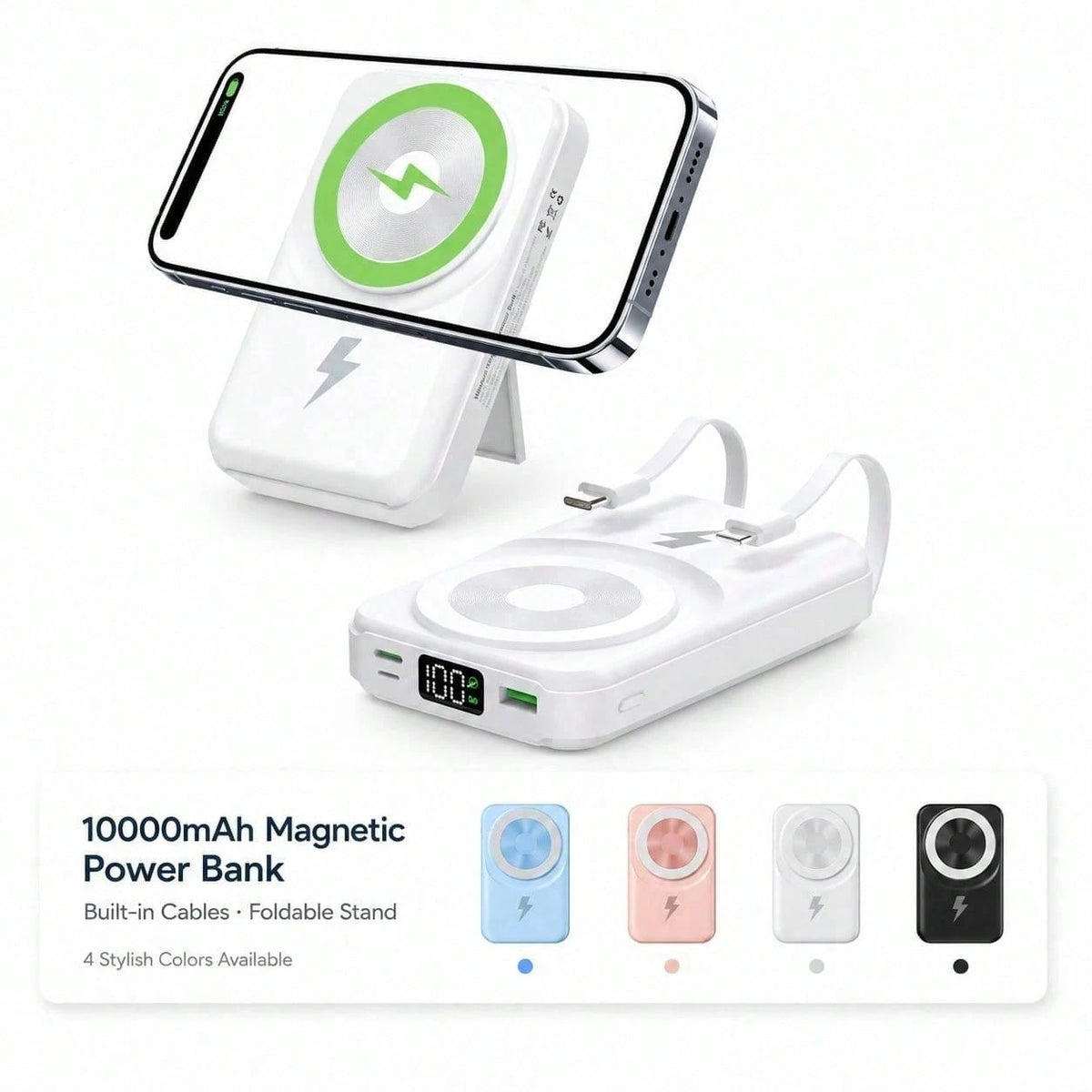 10000mAh Wireless Magnetic Portable Charger Power Bank, Foldable Kickstand Built-In Charging Cables 22.5W Fast Charging, Travel Essentials Camping Gear School Essentials Back To School Supplies For IP