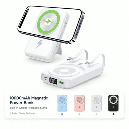 10000mAh Wireless Magnetic Portable Charger Power Bank, Foldable Kickstand Built-In Charging Cables 22.5W Fast Charging, Travel Essentials Camping Gear School Essentials Back To School Supplies For IP