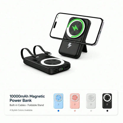 10000mAh Wireless Magnetic Portable Charger Power Bank, Foldable Kickstand Built-In Charging Cables 22.5W Fast Charging, Travel Essentials Camping Gear School Essentials Back To School Supplies For IP