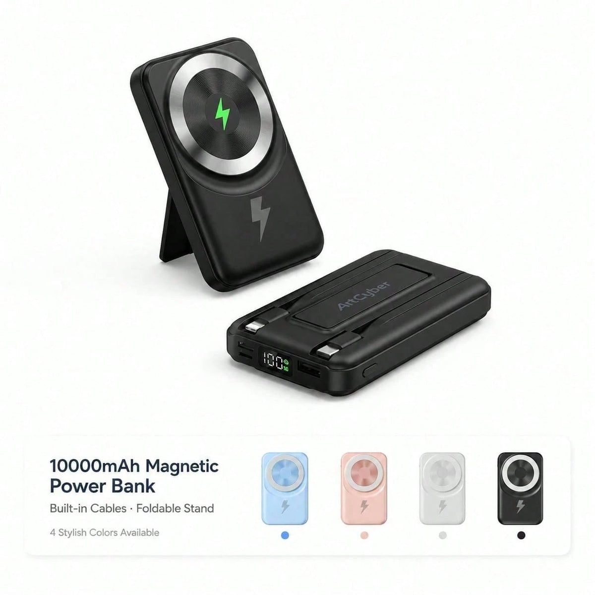 10000mAh Wireless Magnetic Portable Charger Power Bank, Foldable Kickstand Built-In Charging Cables 22.5W Fast Charging, Travel Essentials Camping Gear School Essentials Back To School Supplies For IP