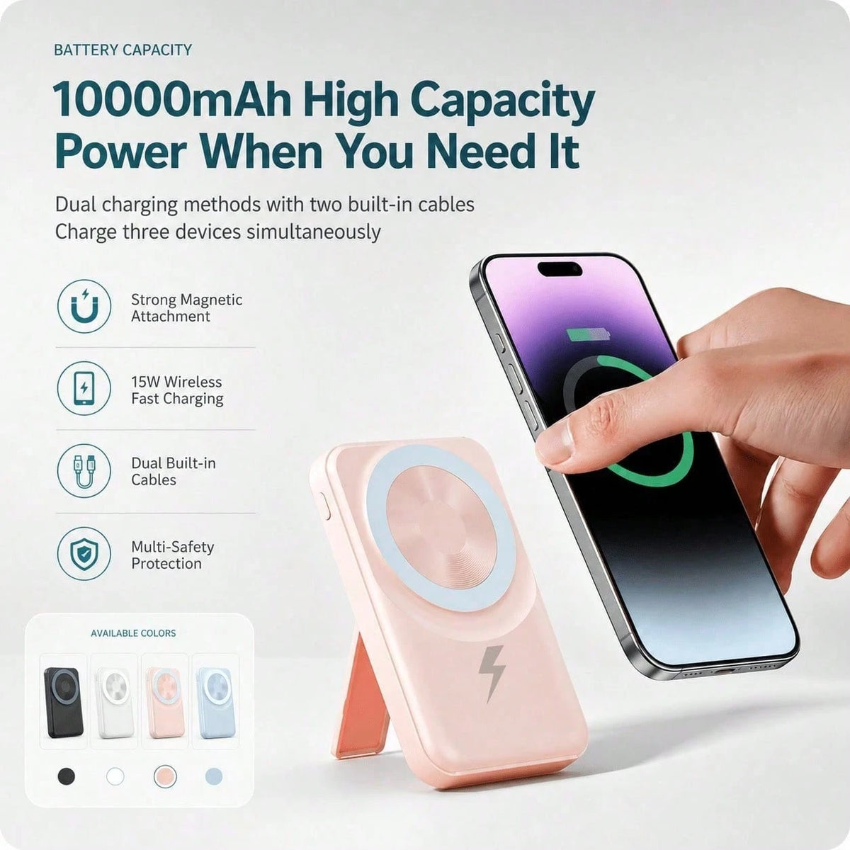 10000mAh Wireless Magnetic Portable Charger Power Bank, Foldable Kickstand Built-In Charging Cables 22.5W Fast Charging, Travel Essentials Camping Gear School Essentials Back To School Supplies For IP