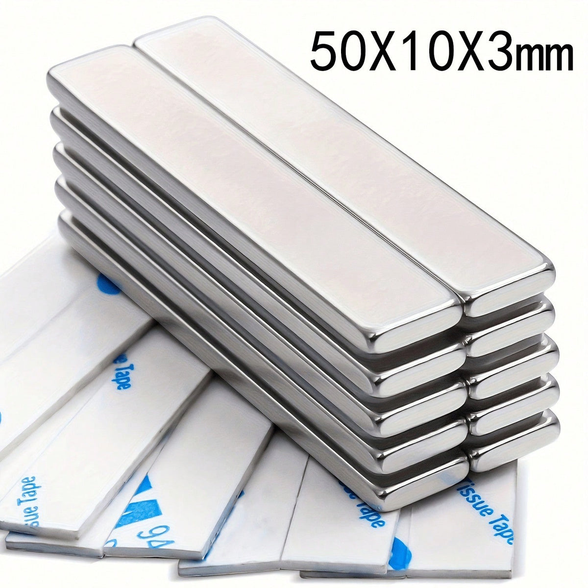 10pcs 50x10x3mm Neodymium Bar Magnets, N35 Rare Earth Neodymium Magnets, Double-Sided Adhesive Backing, Suitable For Office, Refrigerator, Kitchen, Etc.