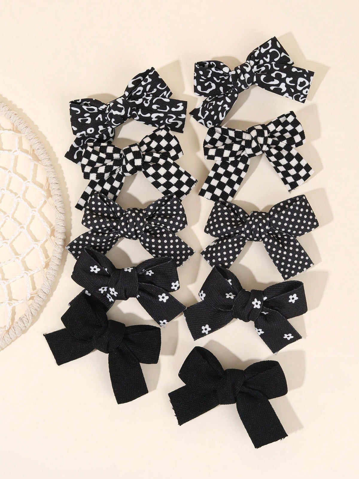 10pcs Black Hair Clips, Suitable For Girls, Cute Plaid Polka Dot Pattern, Black Fabric Bow Hair Clips, Solid Color Hair Clips, Floral Pattern Hair Clips, Girls Holiday Party Hair Accessories, Children