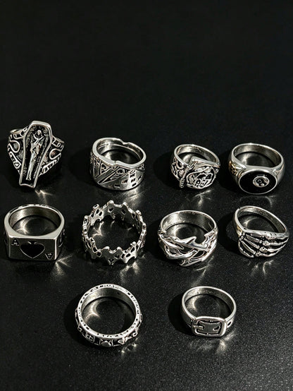 10pcs Gothic Men's Rings Set, Punk Hip Hop Multi-Piece Couple Finger Rings, Party Vacation Daily Wear Finger Accessories, Fashion Jewelry Gift, Unisex