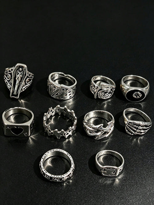 10pcs Gothic Men's Rings Set, Punk Hip Hop Multi-Piece Couple Finger Rings, Party Vacation Daily Wear Finger Accessories, Fashion Jewelry Gift, Unisex