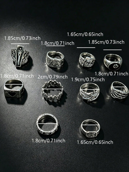10pcs Gothic Men's Rings Set, Punk Hip Hop Multi-Piece Couple Finger Rings, Party Vacation Daily Wear Finger Accessories, Fashion Jewelry Gift, Unisex