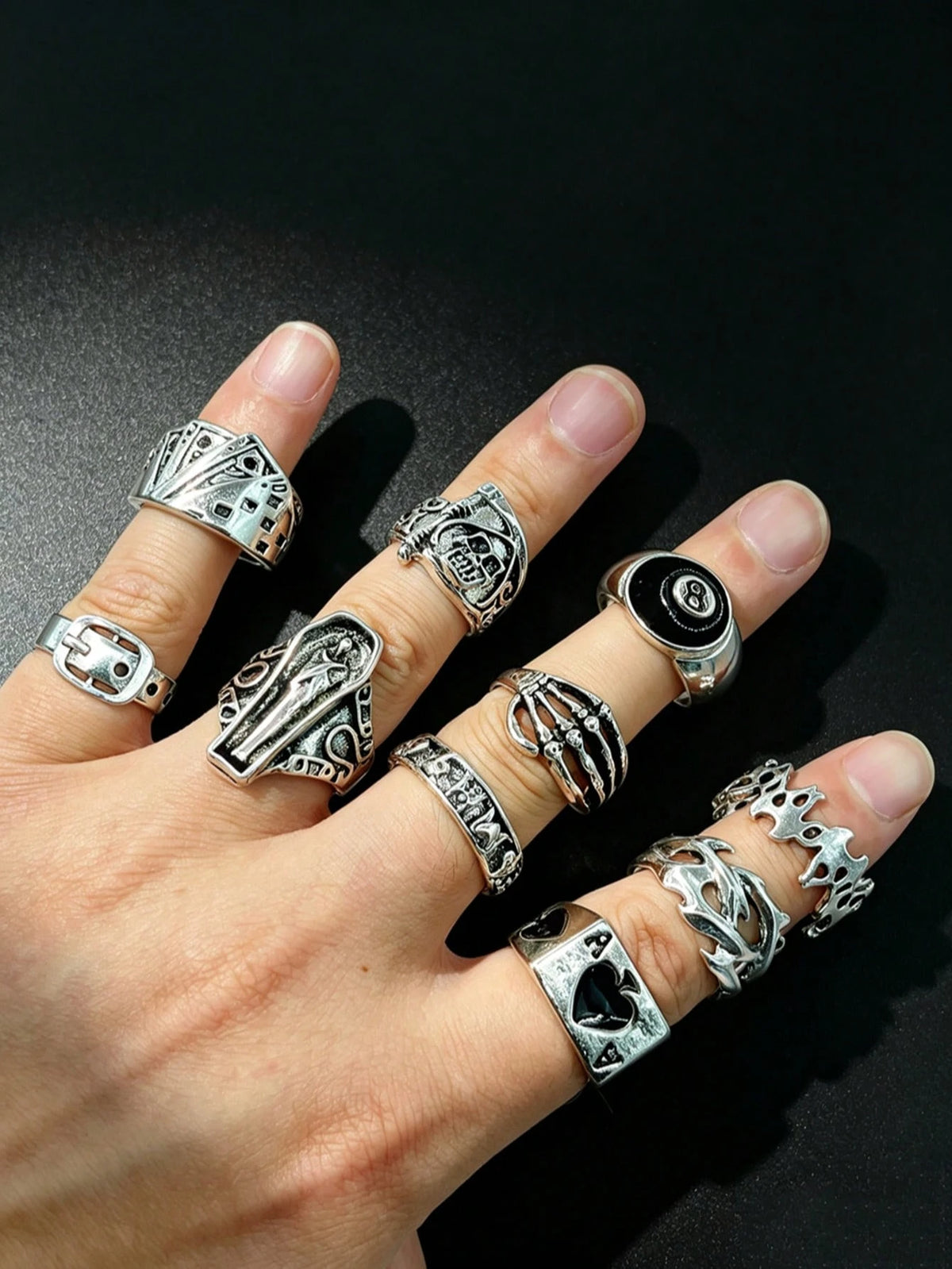 10pcs Gothic Men's Rings Set, Punk Hip Hop Multi-Piece Couple Finger Rings, Party Vacation Daily Wear Finger Accessories, Fashion Jewelry Gift, Unisex