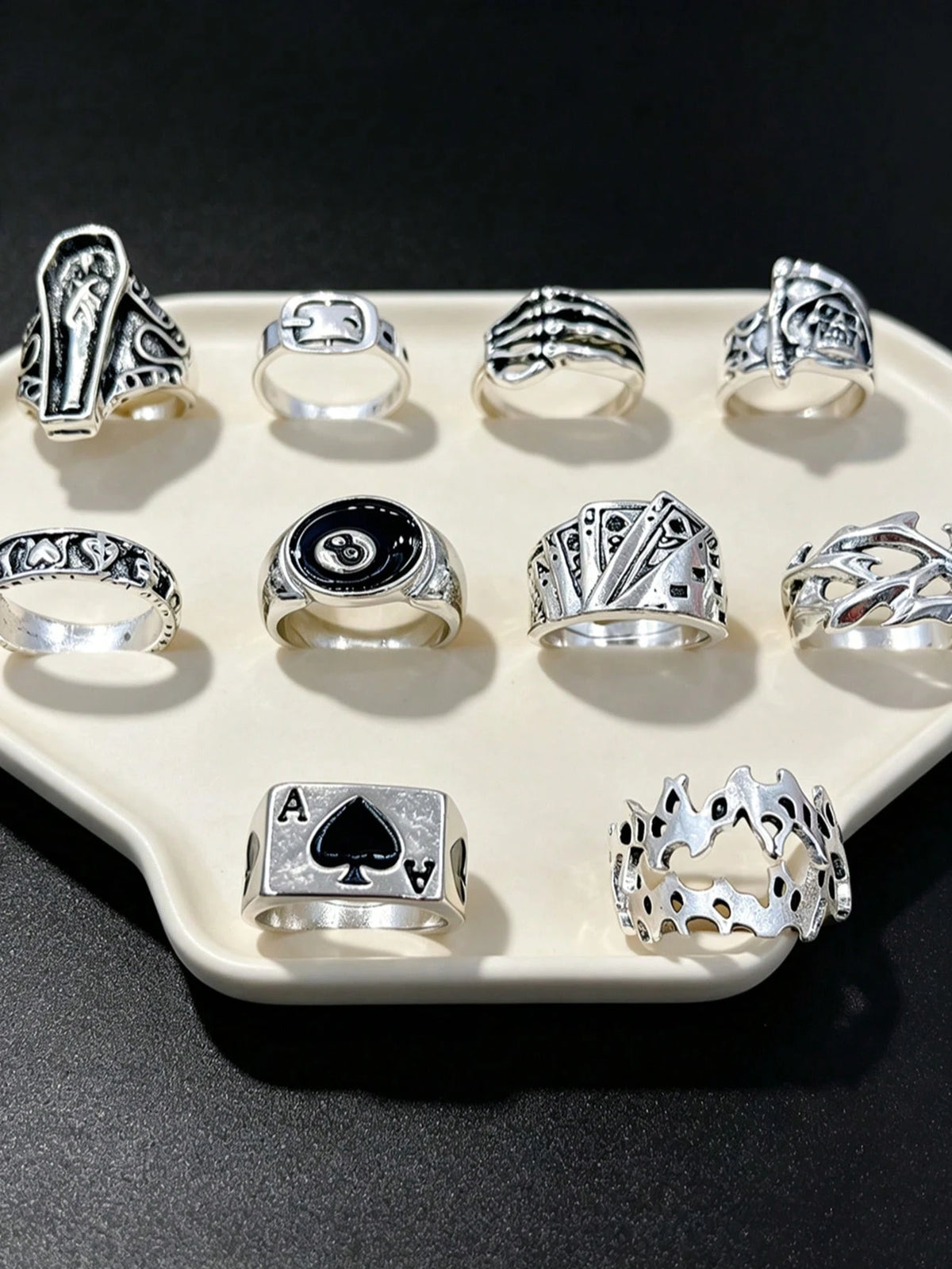 10pcs Gothic Men's Rings Set, Punk Hip Hop Multi-Piece Couple Finger Rings, Party Vacation Daily Wear Finger Accessories, Fashion Jewelry Gift, Unisex