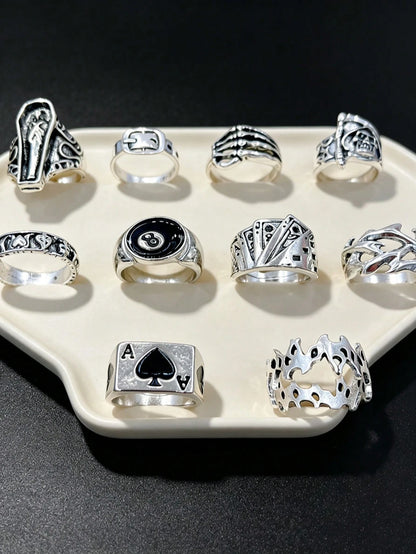 10pcs Gothic Men's Rings Set, Punk Hip Hop Multi-Piece Couple Finger Rings, Party Vacation Daily Wear Finger Accessories, Fashion Jewelry Gift, Unisex
