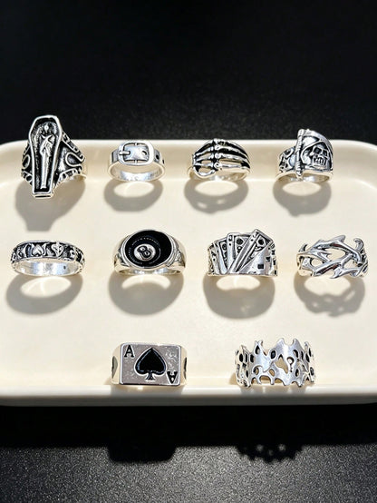 10pcs Gothic Men's Rings Set, Punk Hip Hop Multi-Piece Couple Finger Rings, Party Vacation Daily Wear Finger Accessories, Fashion Jewelry Gift, Unisex