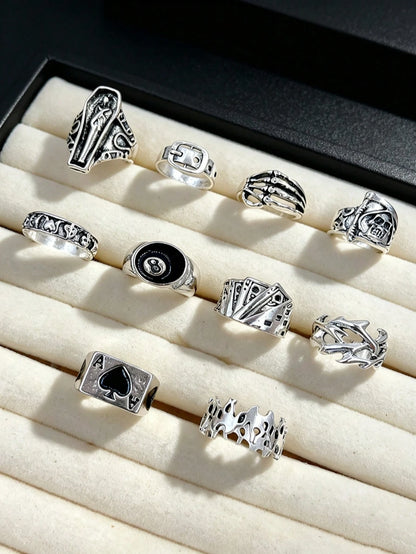 10pcs Gothic Men's Rings Set, Punk Hip Hop Multi-Piece Couple Finger Rings, Party Vacation Daily Wear Finger Accessories, Fashion Jewelry Gift, Unisex