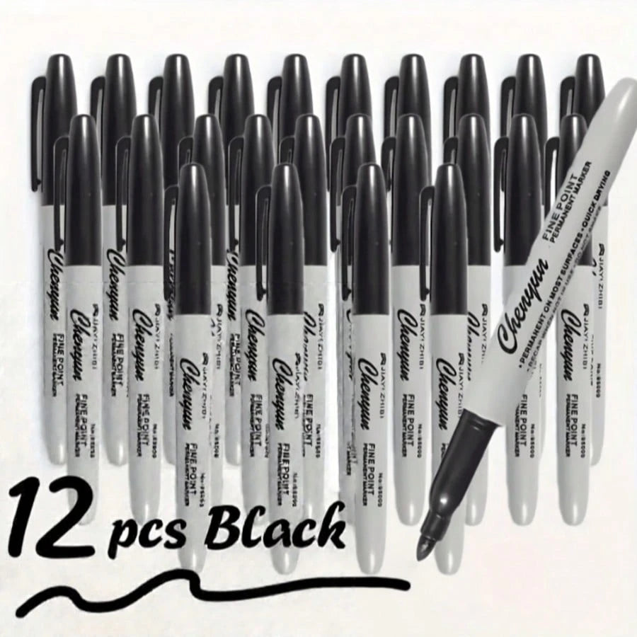 12 Fine Tipped Permanent Waterproof Black Markers, Perfect For School Supplies, Offices, And Gift Packaging| Fashionable Design, Measurement Analysis, Marking And Recording, Suitable For Painting And