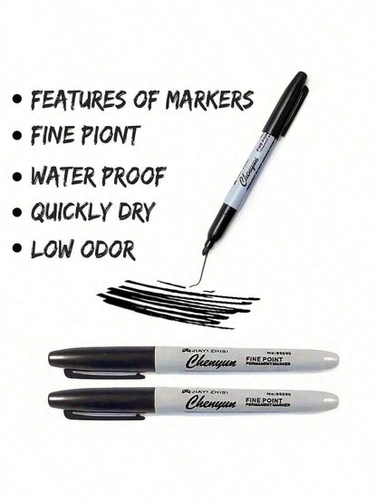 12 Fine Tipped Permanent Waterproof Black Markers, Perfect For School Supplies, Offices, And Gift Packaging| Fashionable Design, Measurement Analysis, Marking And Recording, Suitable For Painting And