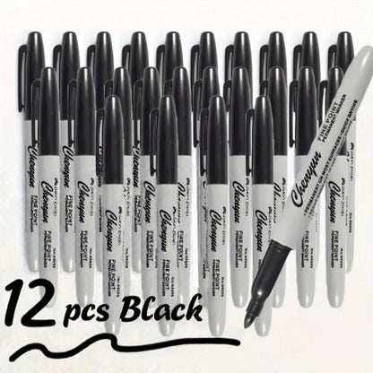 12 Fine Tipped Permanent Waterproof Black Markers, Perfect For School Supplies, Offices, And Gift Packaging| Fashionable Design, Measurement Analysis, Marking And Recording, Suitable For Painting And