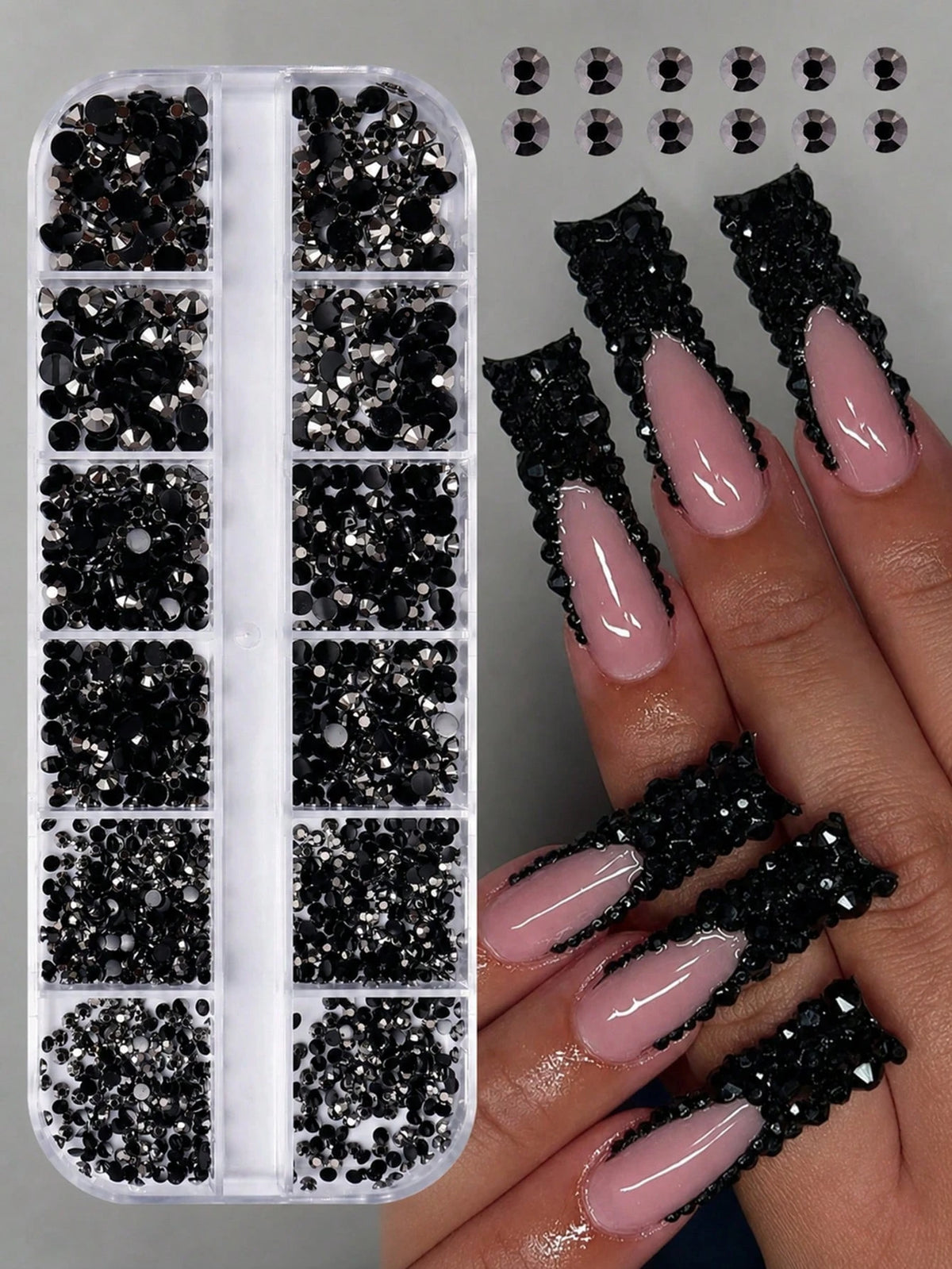 12-Grid Black Nail Rhinestones, Flat Bottom Deep Black Glass Crystal Nail Gems, 3D Nail Decoration Strass, Suitable For Acrylic Nails, Round Multi-Size 2/3/4mm Nail Stones, DIY Nail Decoration, Nail R