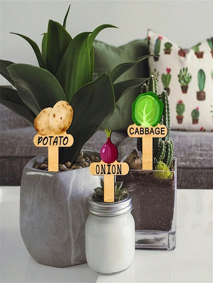 15pcs Wooden Garden Plant Labels, Minimalist Cartoon Plant Pattern, Suitable For Indoor/Outdoor Potted Plants Decoration, Reusable Markers, Essential For Gardening Enthusiasts, Holiday Gift, Home Deco