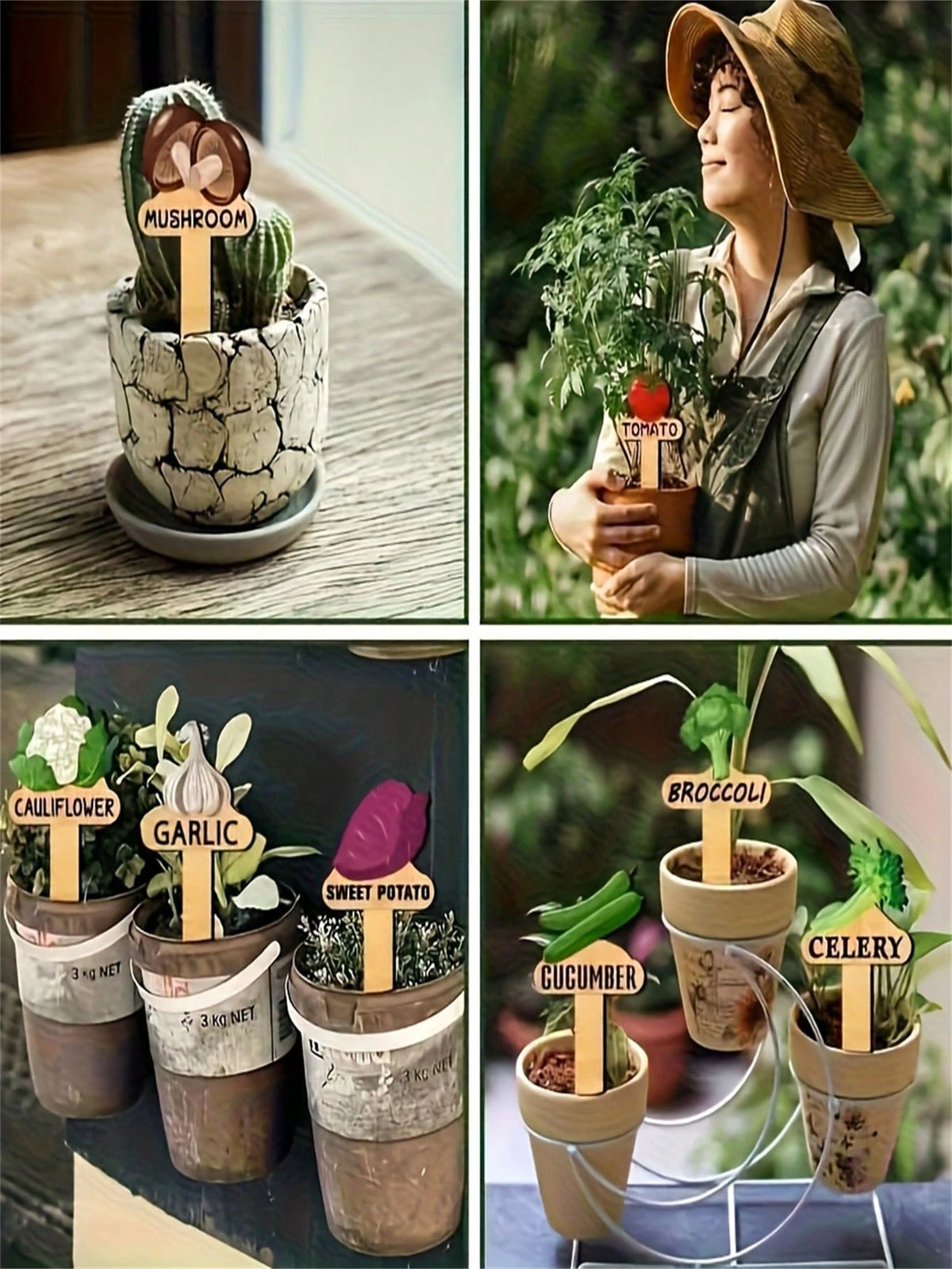 15pcs Wooden Garden Plant Labels, Minimalist Cartoon Plant Pattern, Suitable For Indoor/Outdoor Potted Plants Decoration, Reusable Markers, Essential For Gardening Enthusiasts, Holiday Gift, Home Deco