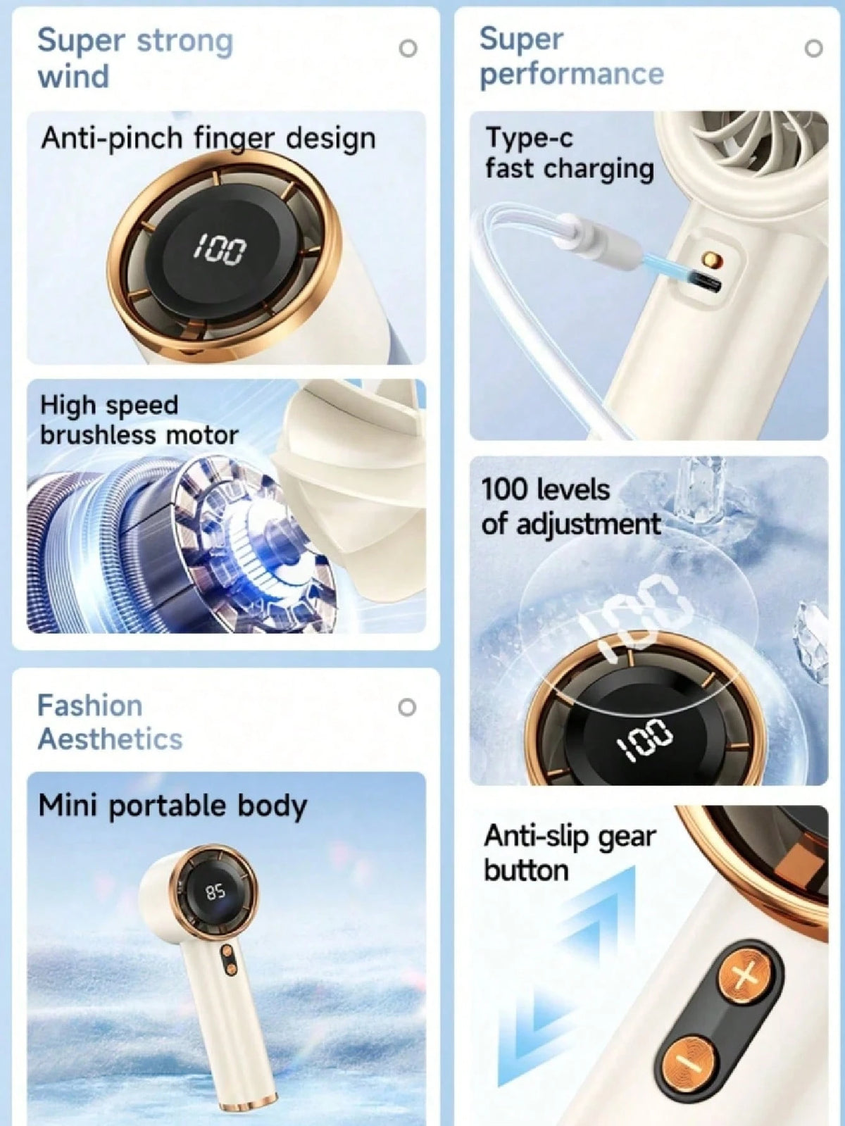 1800mAh Rechargeable Handheld Electric Fan With Turbo, Digital Display 1-100 Levels, Suitable For Outdoor Camping Travel