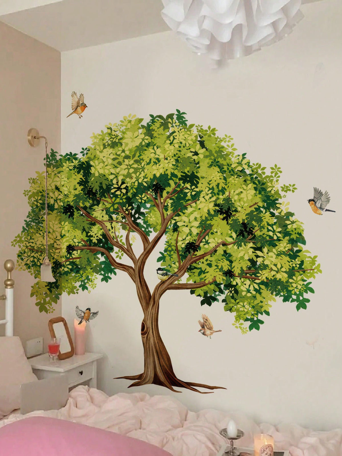 1pc/2pcs/3pcs, Children's Room Cartoon Decorative Wall Stickers, Autumn Maple Tree With Small Animals, Flowers, Owl, Bear, Fox, Hedgehog, Girl Riding Bike Under Blue Tree, Green Cartoon Big Tree, PVC