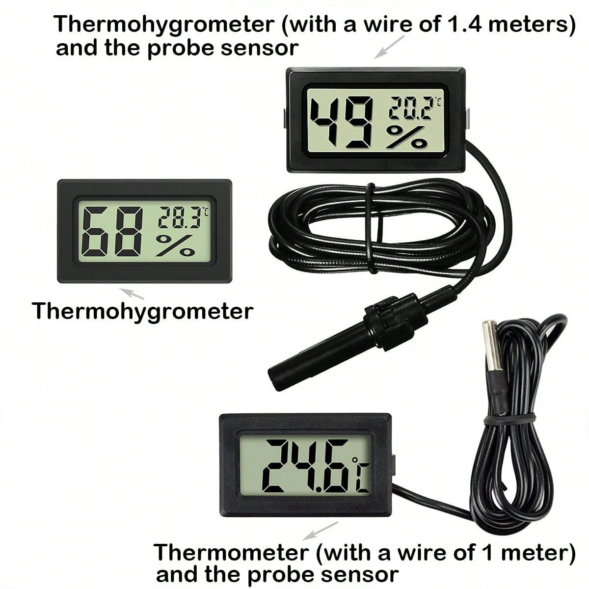 1pc/2pcs Mini Digital Thermometer Hygrometer, Aquarium Thermometer Humidity Meter, High Precision Digital Temperature Humidity Measurement With Large LCD Display And Probe- Clear Readings, Battery Po