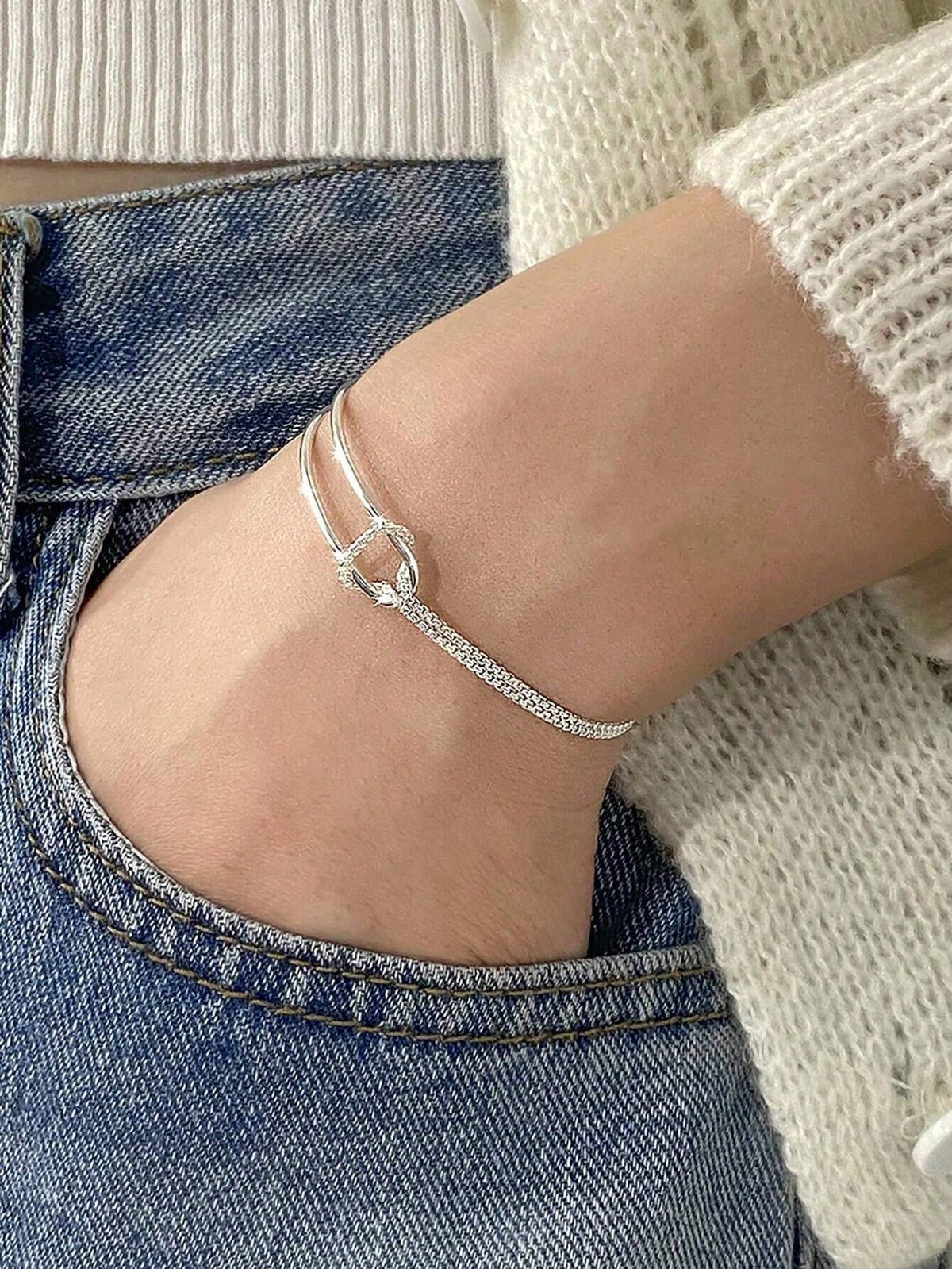 1pc 925 Sterling Silver Minimalist Double-Layer Knotted Snake Bone Bracelet, Elegant Jewelry Accessory, Unique Design, Suitable For Girls/Women/Girlfriend/Mother, Vintage Party/Date Gift, Daily Wear