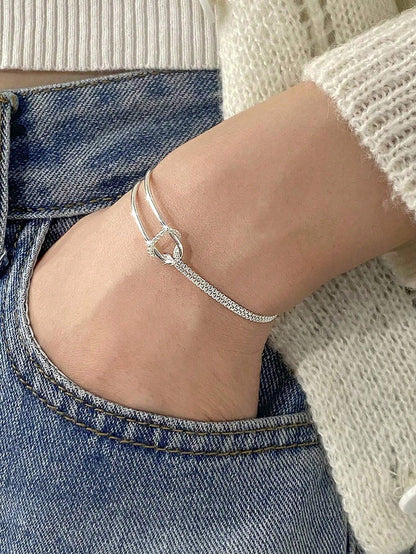 1pc 925 Sterling Silver Minimalist Double-Layer Knotted Snake Bone Bracelet, Elegant Jewelry Accessory, Unique Design, Suitable For Girls/Women/Girlfriend/Mother, Vintage Party/Date Gift, Daily Wear