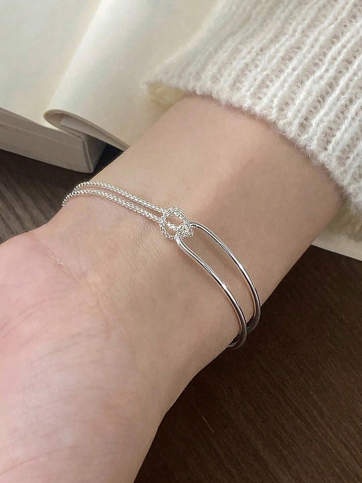 1pc 925 Sterling Silver Minimalist Double-Layer Knotted Snake Bone Bracelet, Elegant Jewelry Accessory, Unique Design, Suitable For Girls/Women/Girlfriend/Mother, Vintage Party/Date Gift, Daily Wear