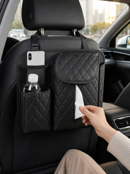 1Pc Black Quilted PU Car Seat Back Storage Bag, Multi Pocket Waterproof Hanging Tissue Holder Organizer, Wear Resistant Auto Rear Seat Water Bottle Phone Storage Caddy, Universal Car Interior Accessor