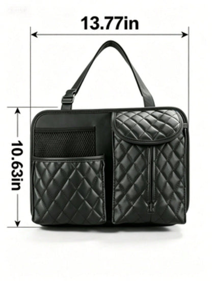1Pc Black Quilted PU Car Seat Back Storage Bag, Multi Pocket Waterproof Hanging Tissue Holder Organizer, Wear Resistant Auto Rear Seat Water Bottle Phone Storage Caddy, Universal Car Interior Accessor