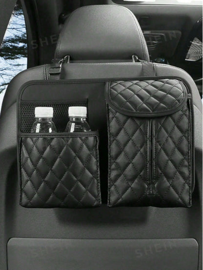 1Pc Black Quilted PU Car Seat Back Storage Bag, Multi Pocket Waterproof Hanging Tissue Holder Organizer, Wear Resistant Auto Rear Seat Water Bottle Phone Storage Caddy, Universal Car Interior Accessor