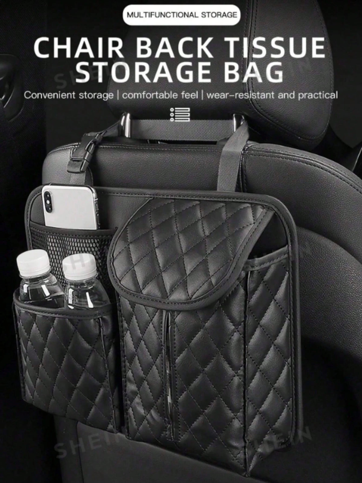 1Pc Black Quilted PU Car Seat Back Storage Bag, Multi Pocket Waterproof Hanging Tissue Holder Organizer, Wear Resistant Auto Rear Seat Water Bottle Phone Storage Caddy, Universal Car Interior Accessor