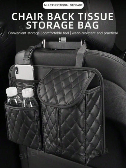 1Pc Black Quilted PU Car Seat Back Storage Bag, Multi Pocket Waterproof Hanging Tissue Holder Organizer, Wear Resistant Auto Rear Seat Water Bottle Phone Storage Caddy, Universal Car Interior Accessor