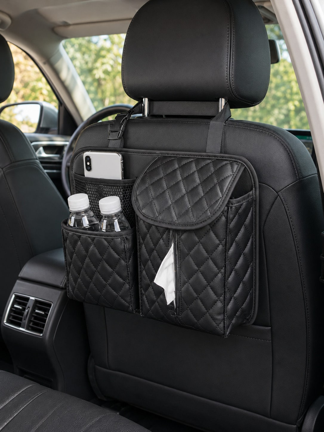 1Pc Black Quilted PU Car Seat Back Storage Bag, Multi Pocket Waterproof Hanging Tissue Holder Organizer, Wear Resistant Auto Rear Seat Water Bottle Phone Storage Caddy, Universal Car Interior Accessor