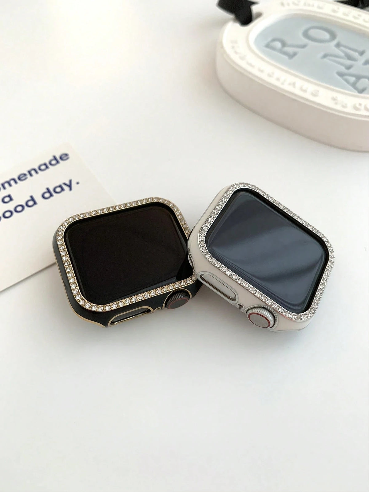 1pc Black Shiny Rhinestone Decor Hollow Protective Case With Anti-Drop Laser Engraved Frame, Fit For Apple Watch 40/41/42/44/45/46/49mm, Suitable For Apple Watch Series Ultra/SE/11/10/9/8/7/6/5/4, Sma