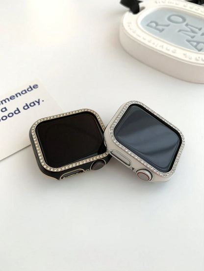 1pc Black Shiny Rhinestone Decor Hollow Protective Case With Anti-Drop Laser Engraved Frame, Fit For Apple Watch 40/41/42/44/45/46/49mm, Suitable For Apple Watch Series Ultra/SE/11/10/9/8/7/6/5/4, Sma